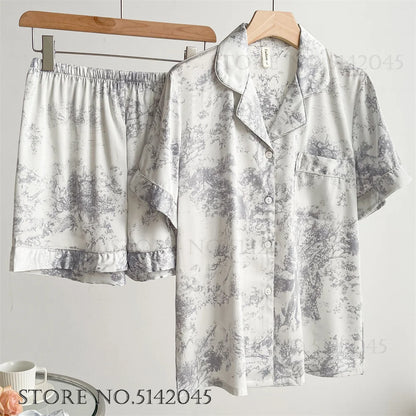 Fashion Print Flower 2PCS Pajamas Set - Women's Spring Summer Lounge Wear