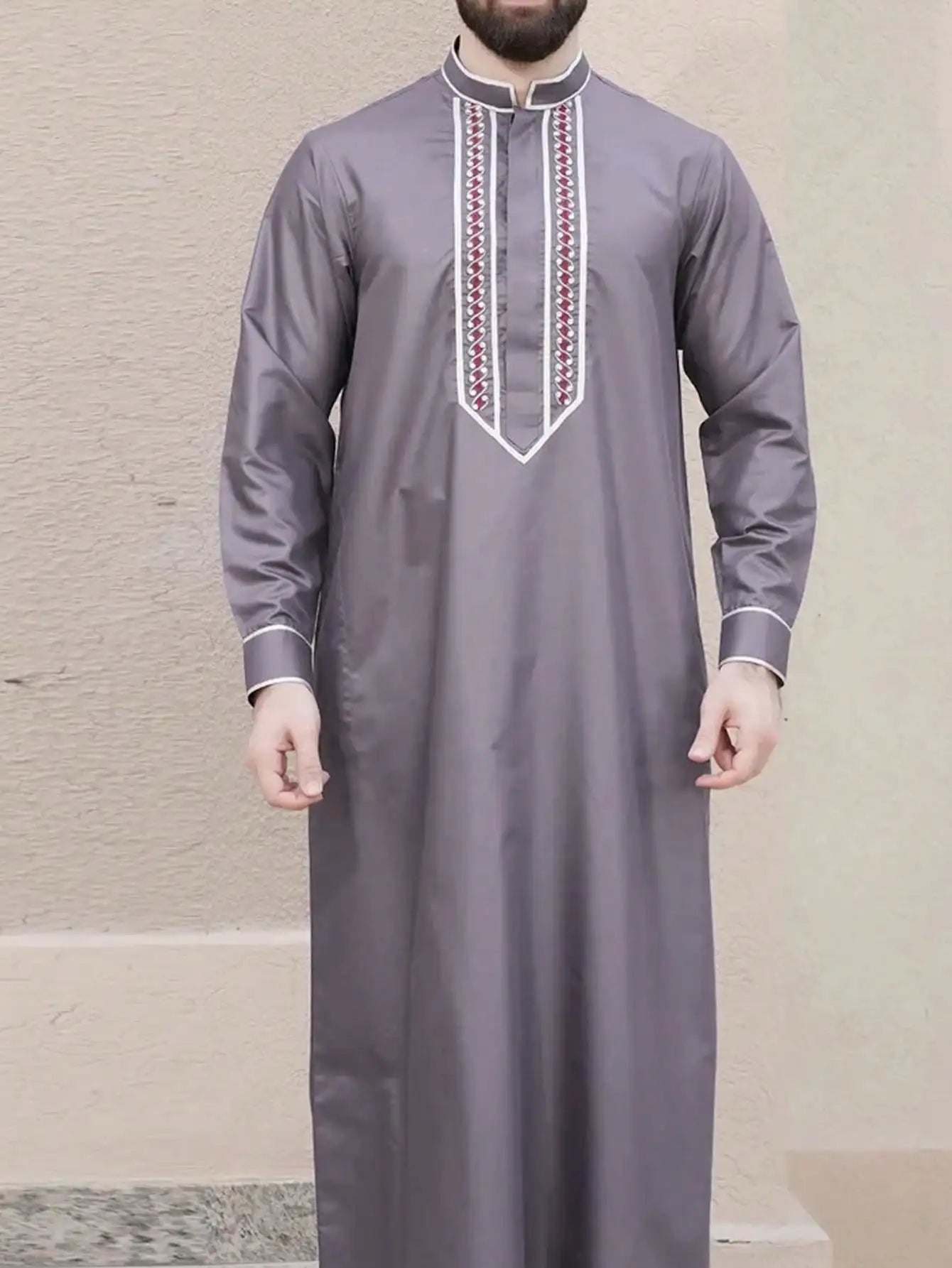 Men's Embroidered Islamic Thobe | Long-Sleeved Arabic Loose Robe Dress
