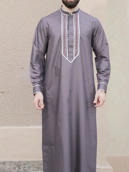 Men's Embroidered Islamic Thobe | Long-Sleeved Arabic Loose Robe Dress