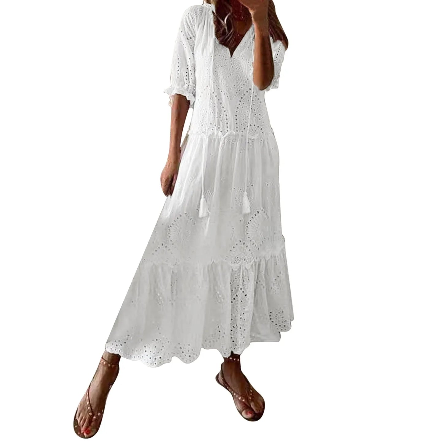 White Bohemian Beach Dress - Casual Hollow Crochet Long Dress