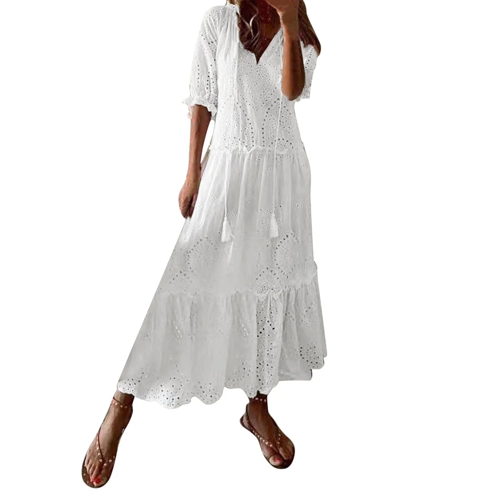 White Bohemian Beach Dress - Casual Hollow Crochet Long Dress
