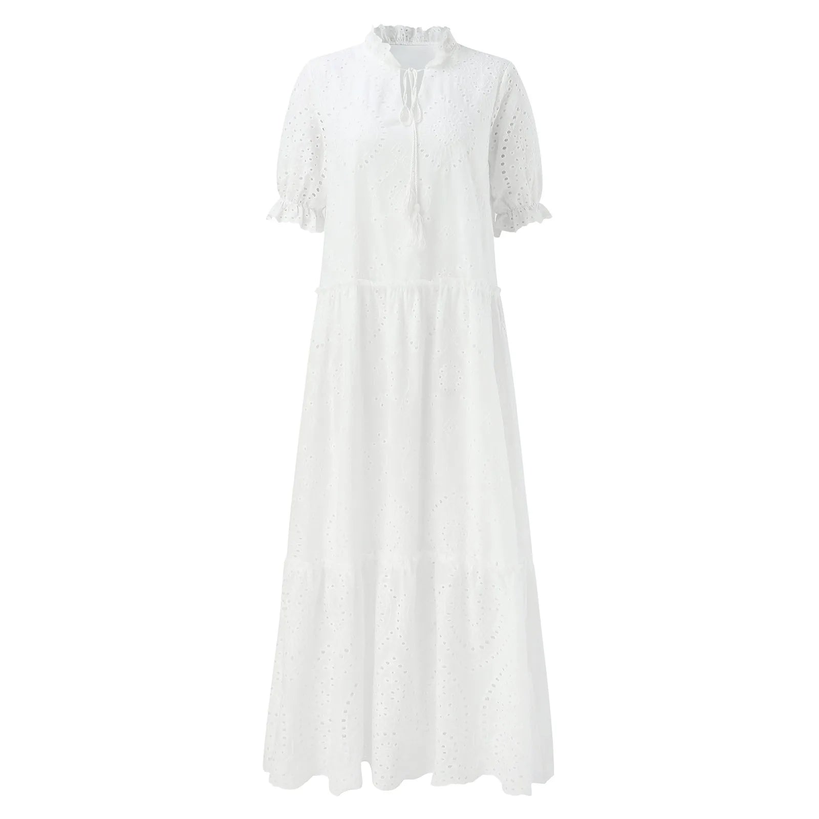 White Bohemian Beach Dress - Casual Hollow Crochet Long Dress