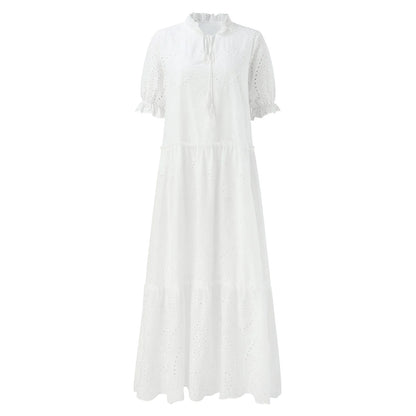 White Bohemian Beach Dress - Casual Hollow Crochet Long Dress