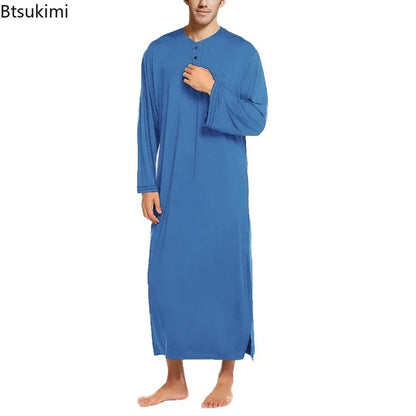 2025 Autumn Men's Nightgown Male Long Robe Solid Thin Loose Plus Size Long Sleeve One-Piece Pajamas for Men Bathrobe Homewear
