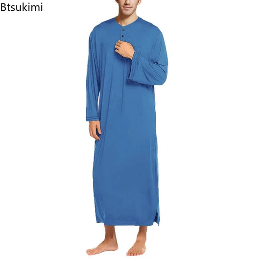 2025 Autumn Men's Nightgown Male Long Robe Solid Thin Loose Plus Size Long Sleeve One-Piece Pajamas for Men Bathrobe Homewear