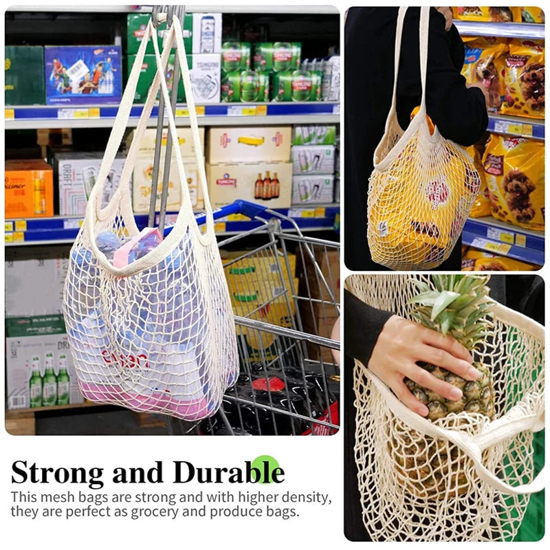 Portable Reusable Grocery Bags - Cotton Mesh String Shopping Tote