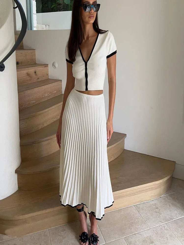 Women's White Long Skirt Suit - Short Sleeve V-Neck Crop Top Pleated Set