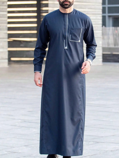 Men's Embroidered Islamic Thobe | Long-Sleeved Arabic Loose Robe Dress