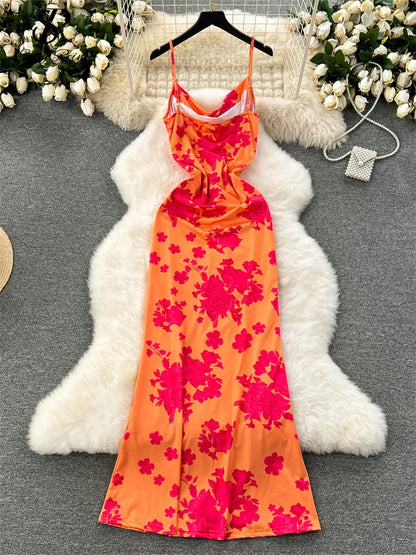 SINGREINY Spaghetti Strap Floral Long Dress - Slim Bodycon Design