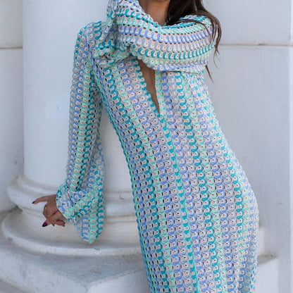 Sexy Rainbow Deep V Neck Split Long Dress - Y2K Knitted Party Dress