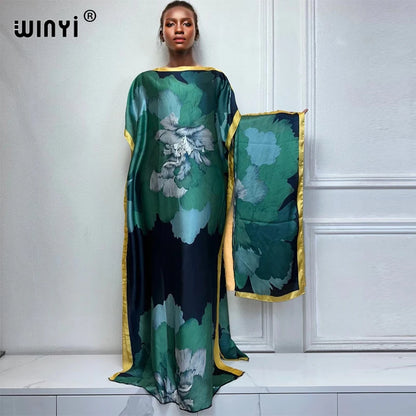 African Women Dashiki Dress with Scarf | Boho Print Maxi Loose Dubai Abaya