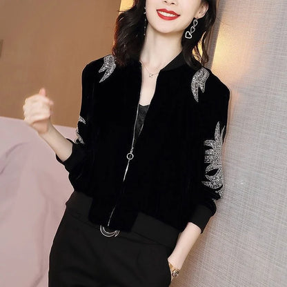 Luxury Rhinestone Crop Jacket - Women's Bomber Style Autumn Coat