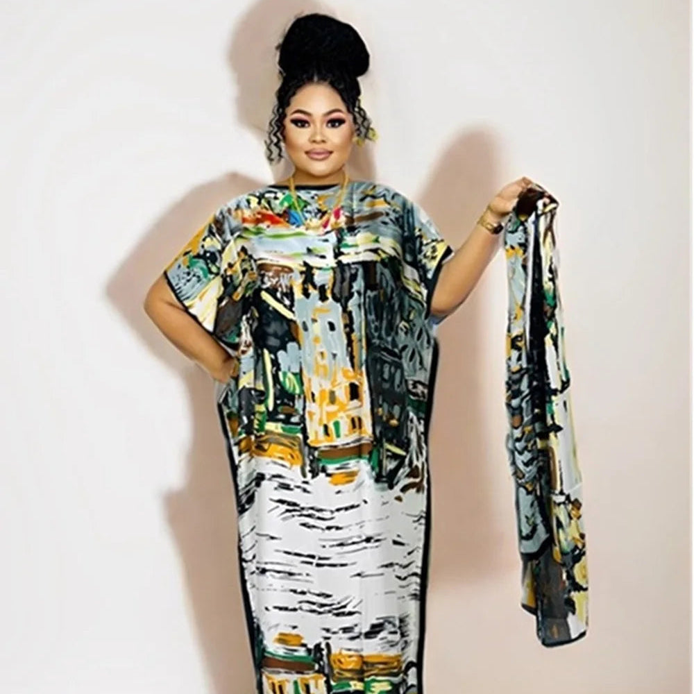 African Dashiki Floral Print Maxi Dress: Elegant Evening Robe with Matching Scarf