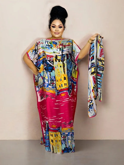 African Dashiki Floral Print Maxi Dress: Elegant Evening Robe with Matching Scarf