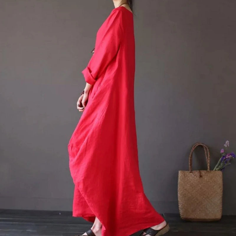 Women's Cotton Linen Loose Dress | Literary Boho Long Sleeve Kaftan Robe