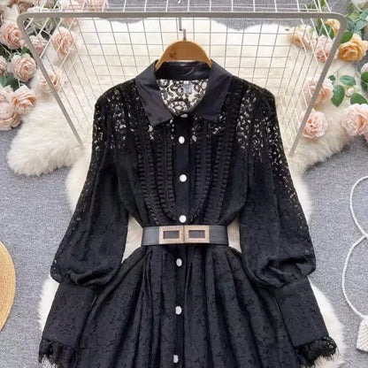 OCEANLOVE Lace Hollow Out Dress - Elegant Black Long Korean Style