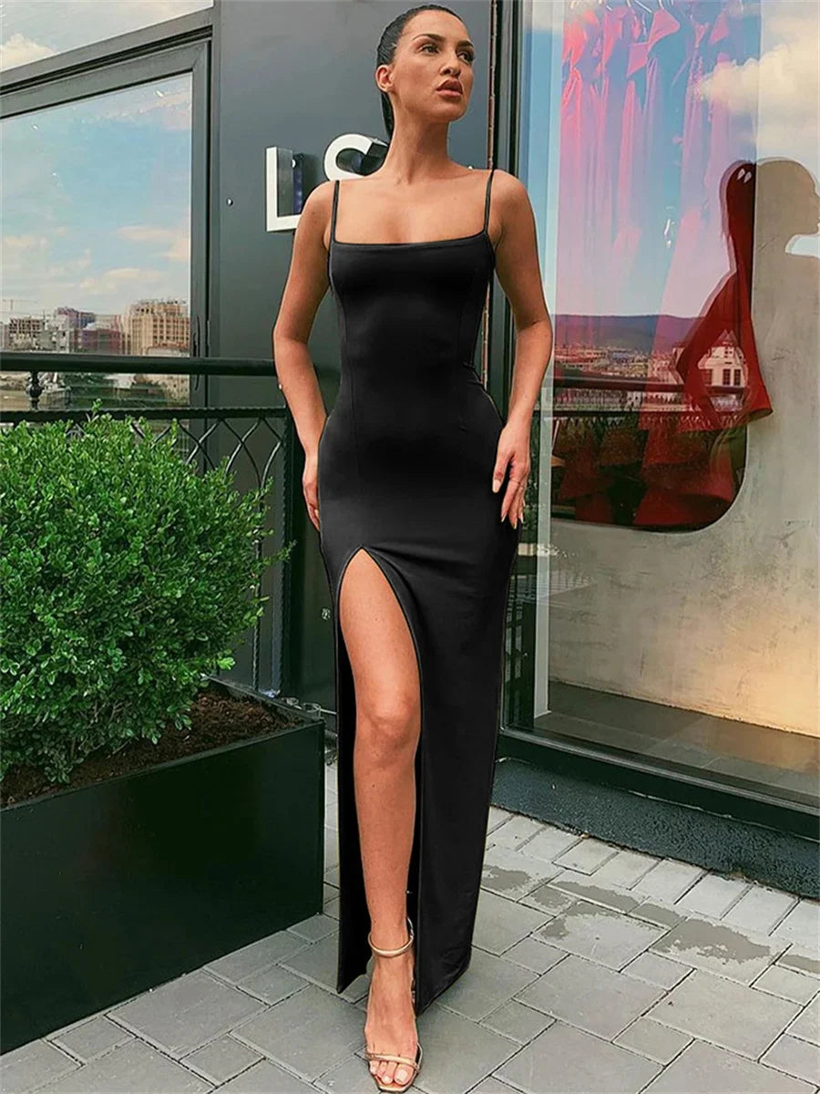 Women Summer Sexy Bodycon Dress - Spaghetti Strap Sleeve Split Sheath Dress