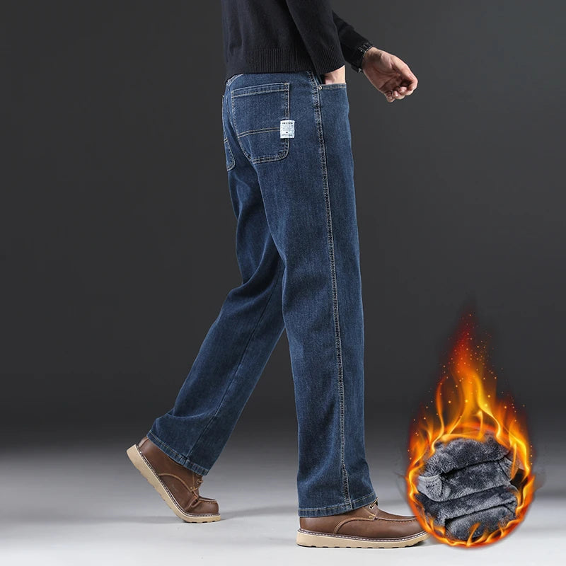Straight Oversized Brushed Jeans - Warm Fleece Denim Trousers