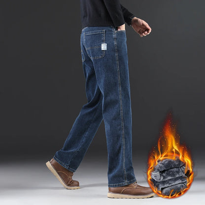 Straight Oversized Brushed Jeans - Warm Fleece Denim Trousers