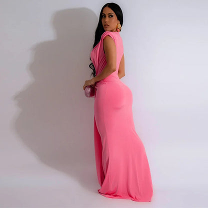 Summer Solid Color High Waisted Long Dress - Deep V-Neck Short Sleeve