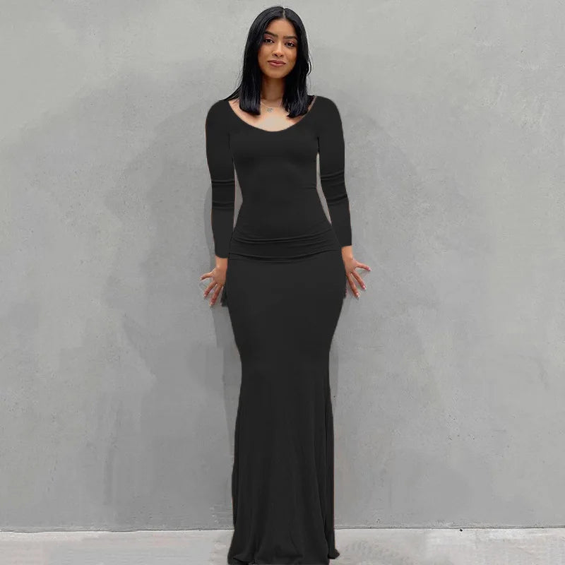 Sexy Spaghetti Strap Black Maxi Dress - Y2K Sleeveless Bodycon Evening Dress