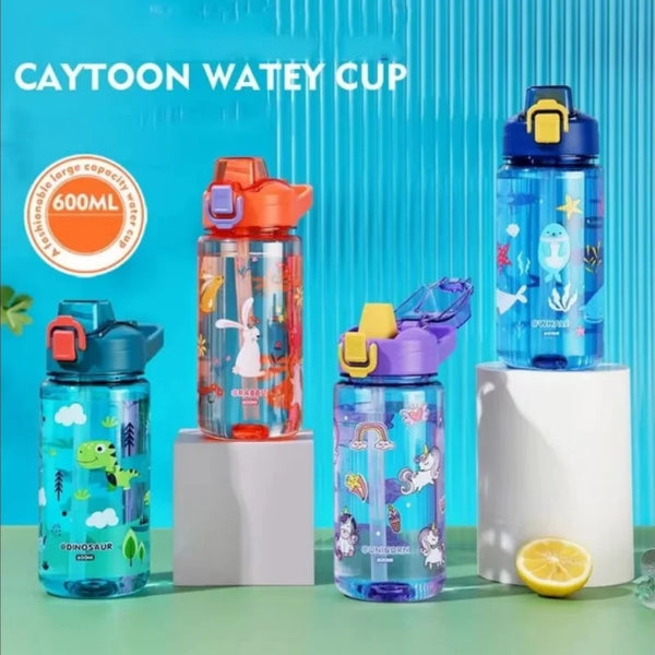 600ML Cartoon Animal Water Bottle Portable Safety Lock Cute Straw