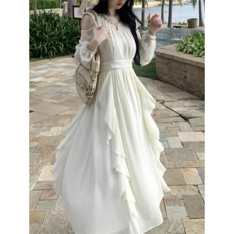 French Style Off-the-Shoulder Pearl Chiffon Beach Dress