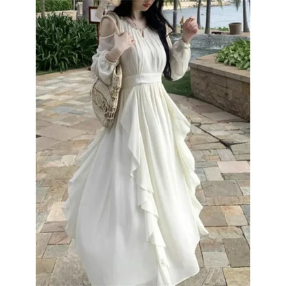 French Style Off-the-Shoulder Pearl Chiffon Beach Dress