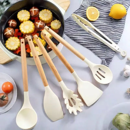 12Set of Wooden Handle Silicone Kitchen Tools Non-Stick Pan Cooking set