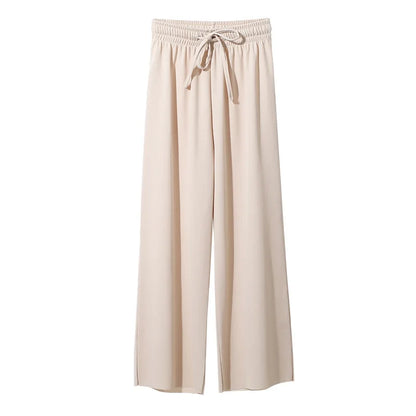 Women Ankle-Length Wide Leg Pants - Casual Summer Elastic Waist Ice Silk Trousers