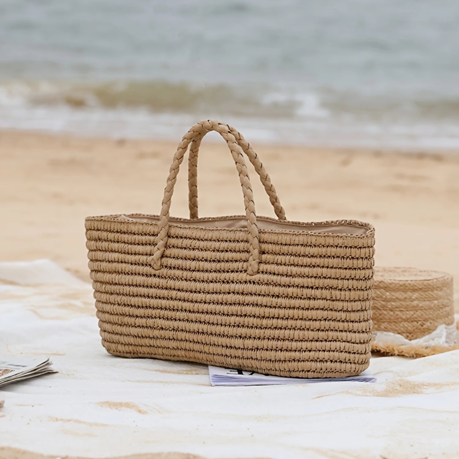 Straw Woven Beach Bag - Summer Drawstring Basket for Ladies