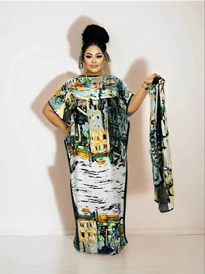 African Dashiki Floral Print Maxi Dress: Elegant Evening Robe with Matching Scarf