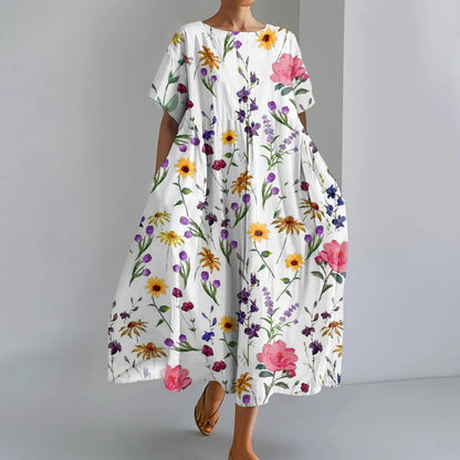 Ladies' Floral Print Maxi Dress - Round Neck Short Sleeve Beach Skirt