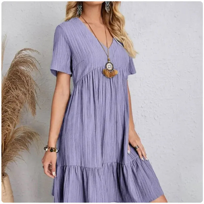 Women's Summer Peplum Dress - V-Neck Short Sleeve Ruffle Fit Flare
