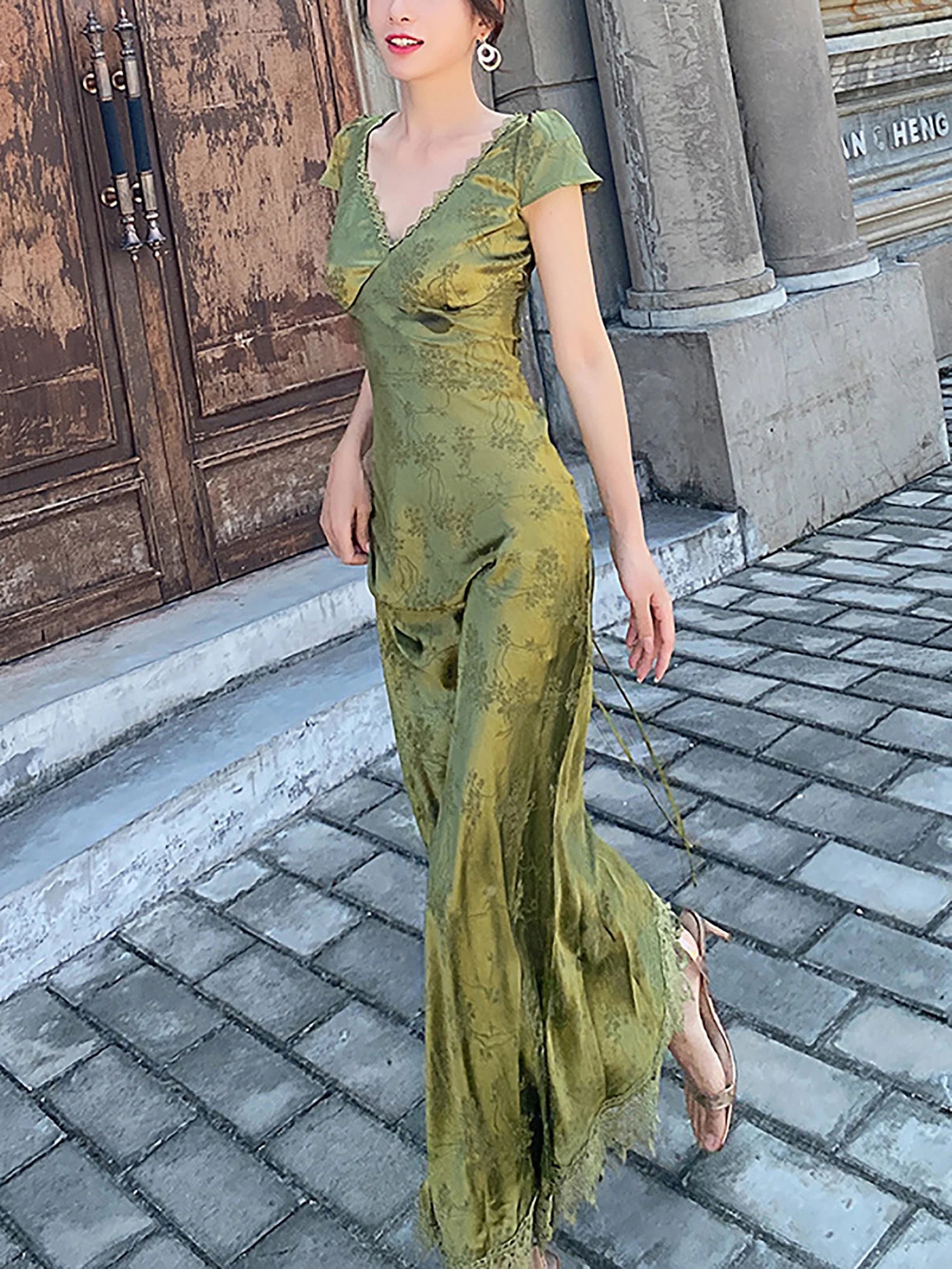 Turquoise Green V-Neck Backless Satin Jacquard Long Dress