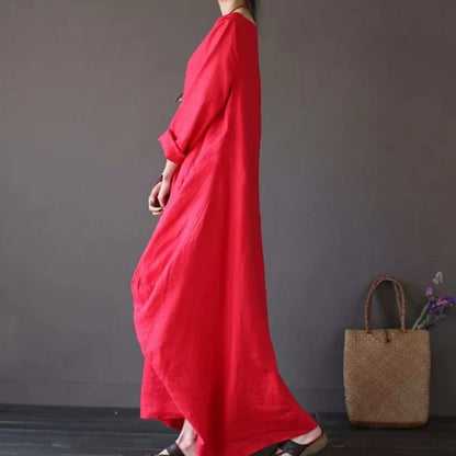 Women's Cotton Linen Loose Dress | Literary Boho Long Sleeve Kaftan Robe