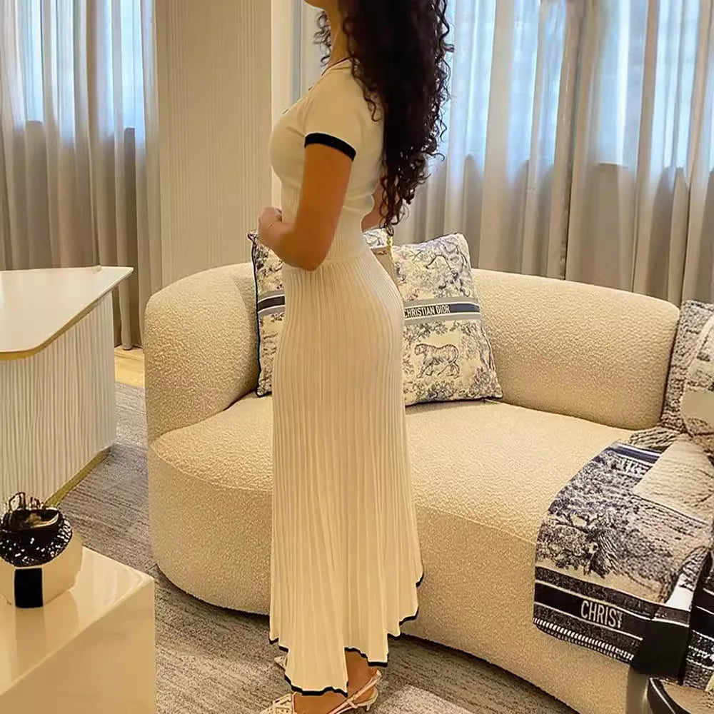 Women's White Long Skirt Suit - Short Sleeve V-Neck Crop Top Pleated Set