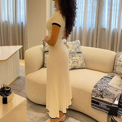 Women's White Long Skirt Suit - Short Sleeve V-Neck Crop Top Pleated Set