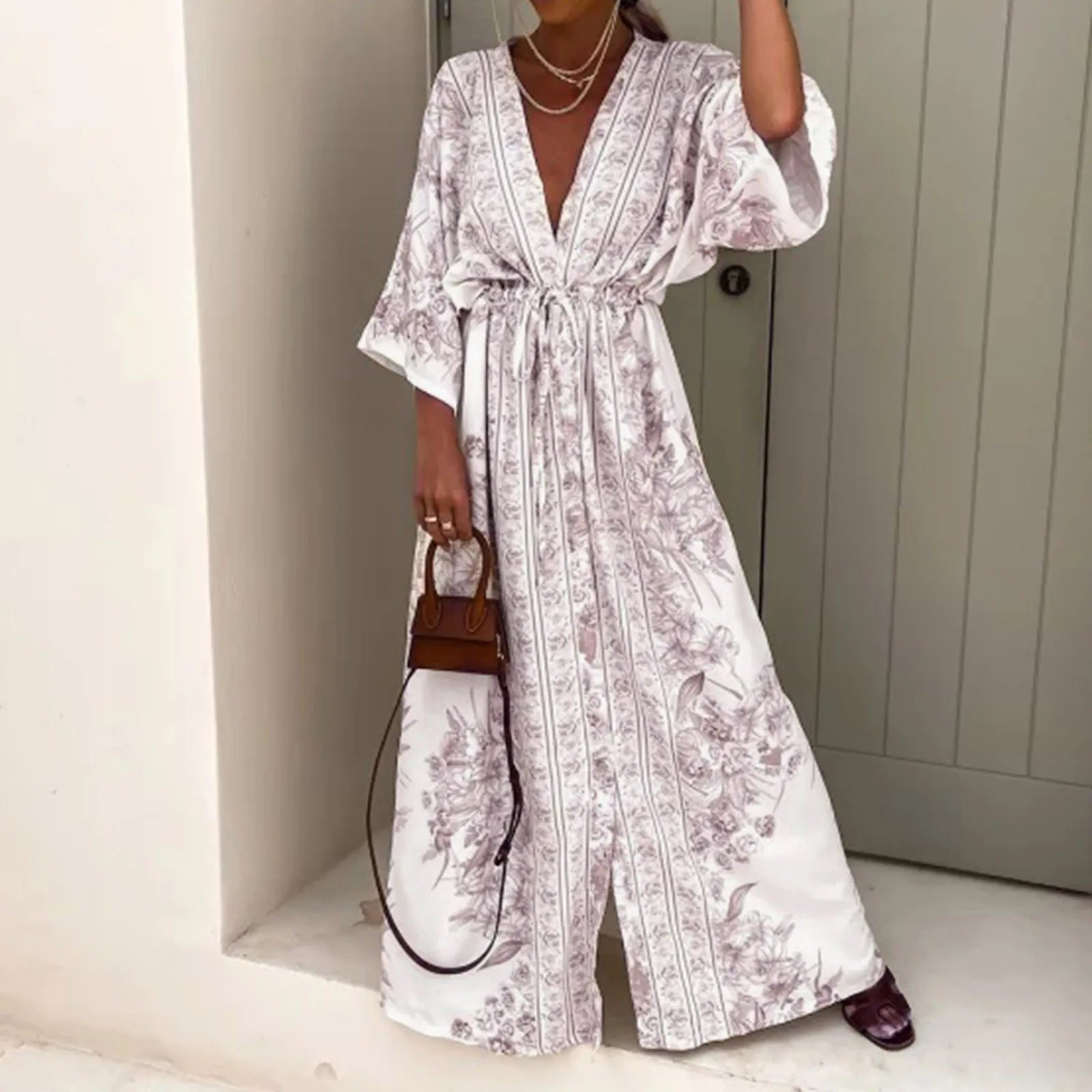 Boho Print Half Sleeve Long Dress - Japanese Kimono Lace-Up Sundress