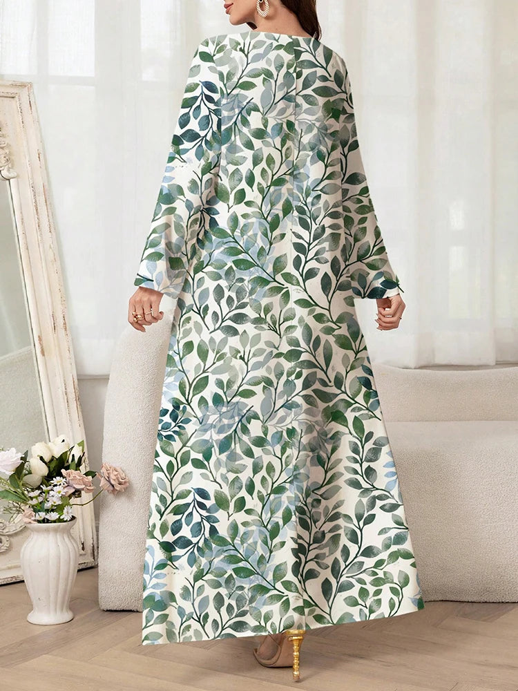 Women's Graphic Print Jalabiya - Long Sleeve V-Neck Loose Dress