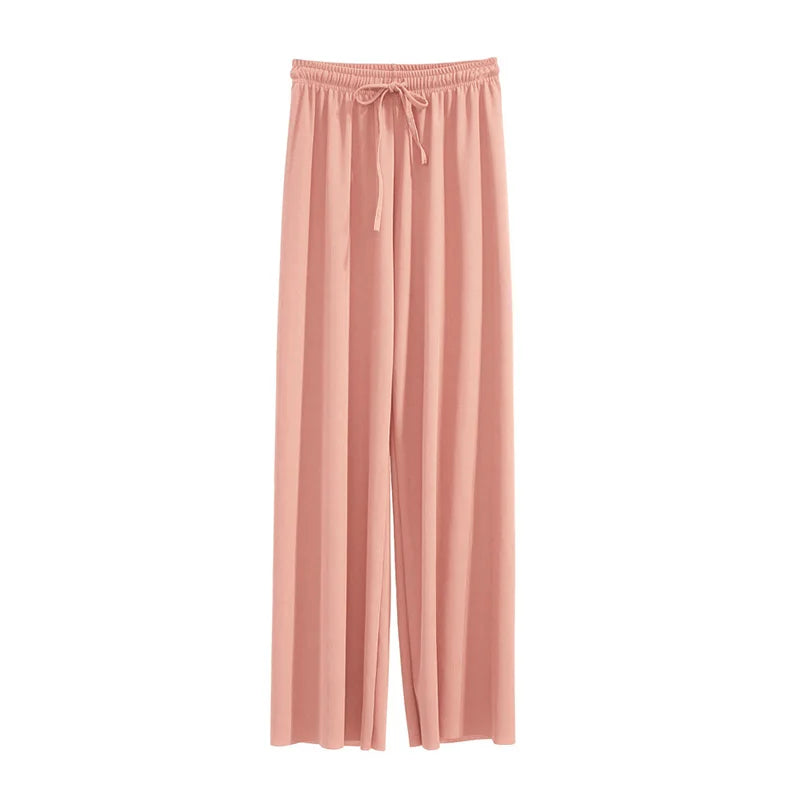 Women Ankle-Length Wide Leg Pants - Casual Summer Elastic Waist Ice Silk Trousers