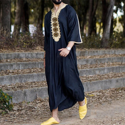Men's Galabia Thobe - Solid Color Round Neck Robe