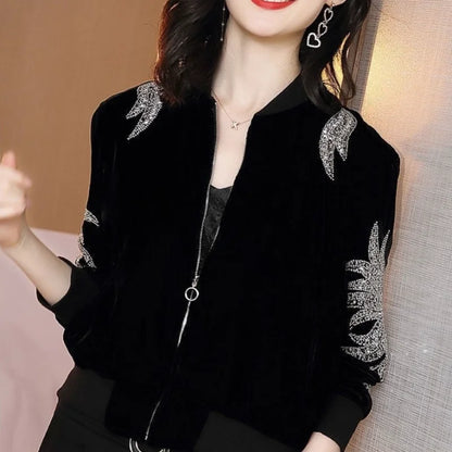 Luxury Rhinestone Crop Jacket - Women's Bomber Style Autumn Coat