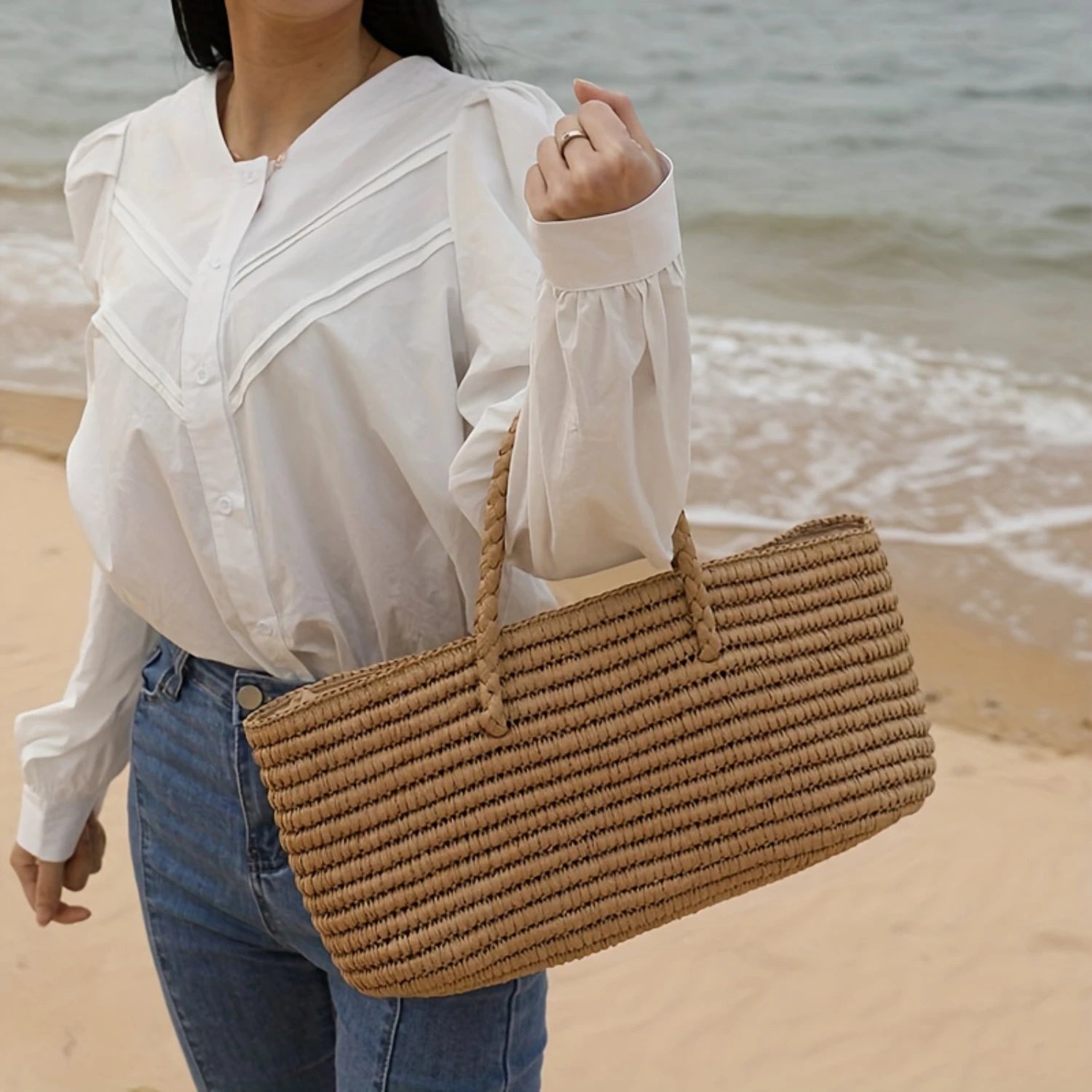 Straw Woven Beach Bag - Summer Drawstring Basket for Ladies