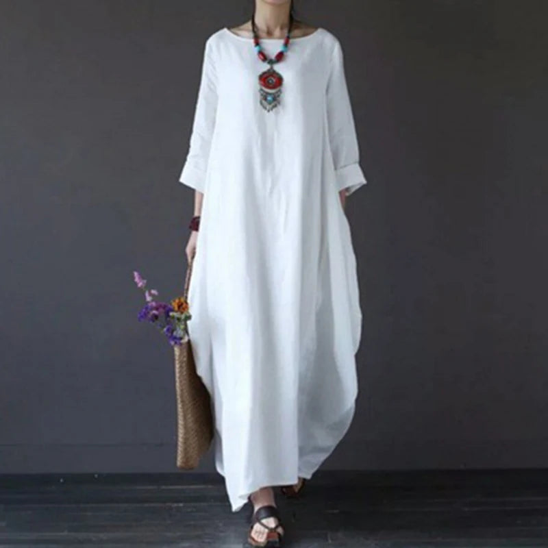 Women's Cotton Linen Loose Dress | Literary Boho Long Sleeve Kaftan Robe