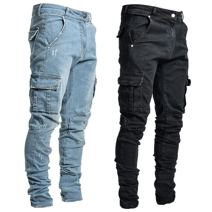 Street Elastic Jeans - Men's Denim Cargo Pants with Multi Pockets