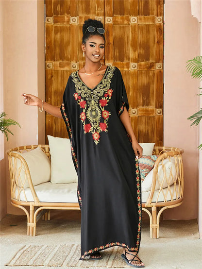 Women's Plus Size Kaftan Dress | Embroidered Caftan Maxi Loungewear & Swimsuit Cover Up