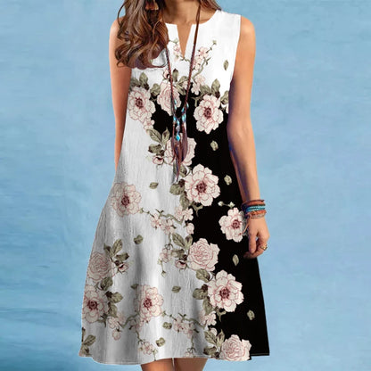 Cross Border V-Neck Sleeveless Dress - Sexy Printed Large