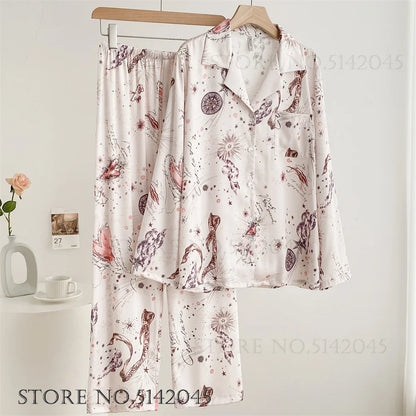 Fashion Print Flower 2PCS Pajamas Set - Women's Spring Summer Lounge Wear