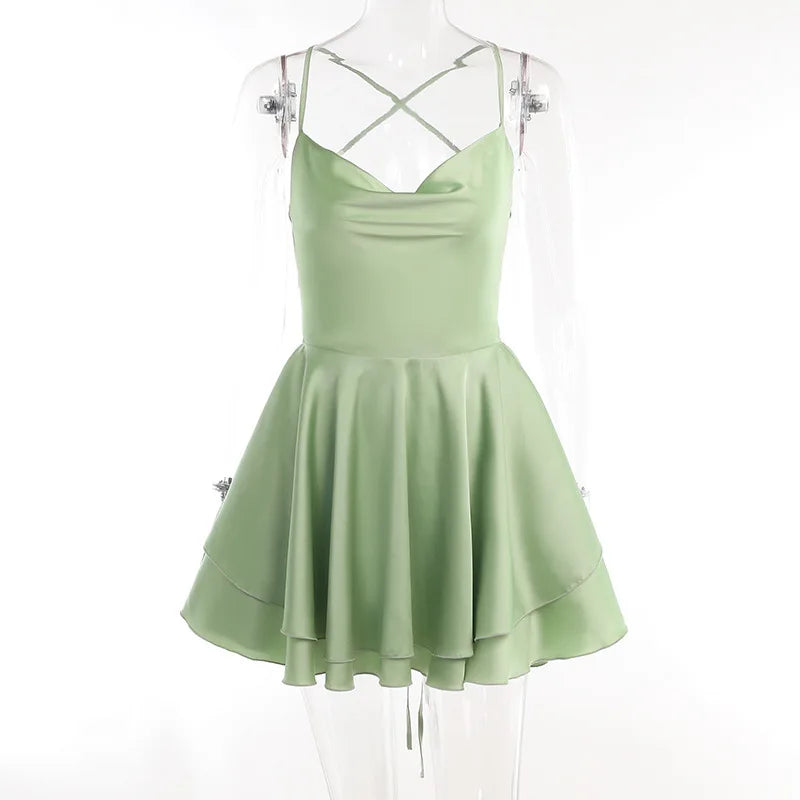 Summer Satin Backless Suspender Ruffled A-Hem Dress